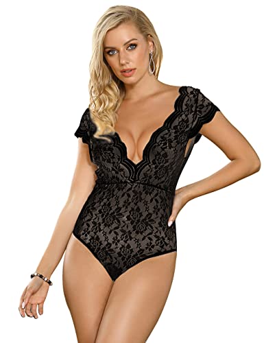 comeondear Spitze Dessous Damen Body Sexy Reizwäsche Ärmellos Bodysuit Outfit V-Ausschnitt Lingerie Große Größen Unterwäsche Schwarz XS-S von comeondear