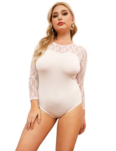 comeondear Body Damen Langarm Sexy Spitze Curvy Bodysuit Women Langarmbody Große Größen Elegant Blusenbody Rundhals Oberteile Trachtenbody Party Outfit Top mit Knöpfe(Weiß,S) von comeondear