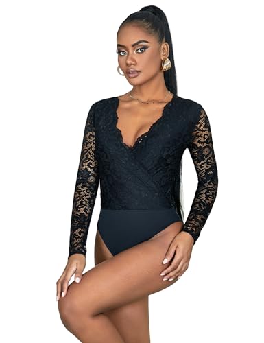 comeondear Body Damen Sexy Spitze Elegant Langarmbody Wetlook Bodysuit Große Größen Jumpsuit Oberteile Overalls unter mit Knöpfe Tops B-Schwarz,S von comeondear