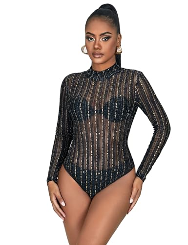 comeondear Transparent Body Damen Schwarz Spitze Langarmbody Sexy Spitze Große Größe Elegant Mesh Oberteile Bluse Bodysuit Women Plus Size Bodysuit Top unter mit Knöpfe(Schwarz,M) von comeondear