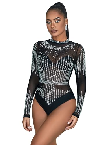 comeondear Spitzenbody Damen Strass Langarm Body Sexy Spitze Große Größe Elegant Bluse Bodysuit Women Übergröße Oberteile Jumpsuit Top unter mit Knöpfe(Schwarz,XL) von comeondear