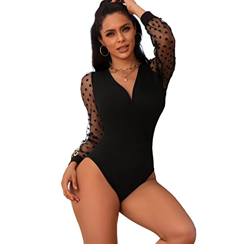 comeondear Body damen sexy Spitze Elegant Langarmbody Wetlook Bodysuit Jumpsuit Oberteile Overalls unter mit Knöpfe Tops(M,R-Schwarz) von comeondear