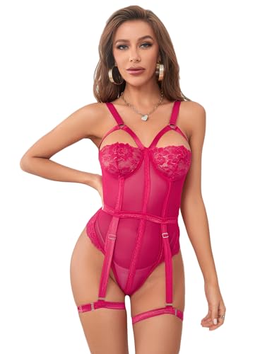 comeondear Damen Body mit Strapsen Sexy Bodysuit Spitze Teddy Dessous Set Mesh Lingerie Jumpsuit Große Größen Reizwäsche(Rosa XS-S/36-38) von comeondear