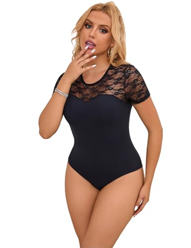 comeondear Damen Body Kurzarm Elegant Bodysuit Women Sexy mit Spitze Große Größen Oberteile Rundhals Top Mesh Unterziehbody Dessous Reizwäsche für Mollige Frauen Jumpsuit Club Party Outfit Schwarz XXL comeondear Damen Body Kurzarm Elegant Bodysuit Women Sexy mit Spitze Große Größen Oberteile Rundhals Top Mesh Unterziehbody Dessous Reizwäsche für Mollige Frauen Jumpsuit Club Party Outfit Schwarz XXL von comeondear
