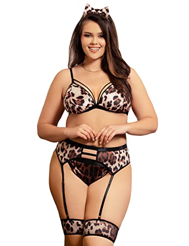 comeondear Damen Dessous Leopard Kostüm Bikini Clubwear 5PCs Milchfaser Lingerie Push up BH Reizwäsche Sets (Bra+Strumpfband+G-String+Beinring+Haarband) Große Größen Negligee (M-L/40-42) von comeondear