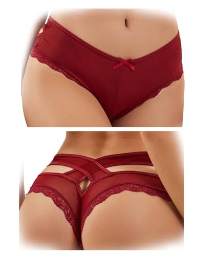 comeondear Spitze Slips Sexy Panties Höschen Damen 2er Pack Unterhosen Hollow Out Tanga Niedrige Taille String Große Größen Thong Rot mit Box 3XL-4XL von comeondear