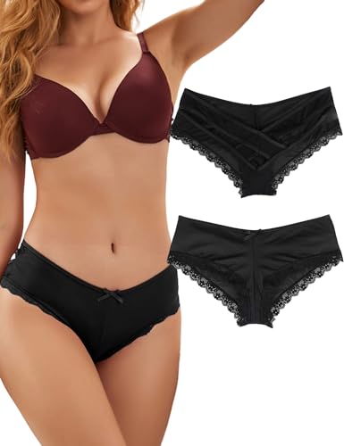 comeondear Spitze Slips Sexy Panties Höschen Damen 2er Pack Unterhosen Hollow Out Tanga Niedrige Taille String Große Größen Thong Schwarz mit Box XL-XXL von comeondear