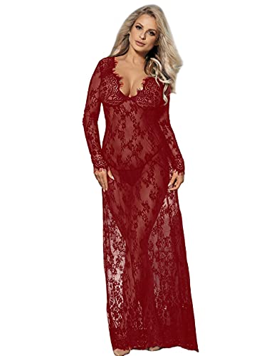 comeondear Damen Kleider Sexy Spitze Lang Langarm V-Ausschnitt Negligee Schwangerschafts Umstandskleid Cocktailkleid Abendkleid,2XL 3XL/44 EU 46EU,Rot von comeondear