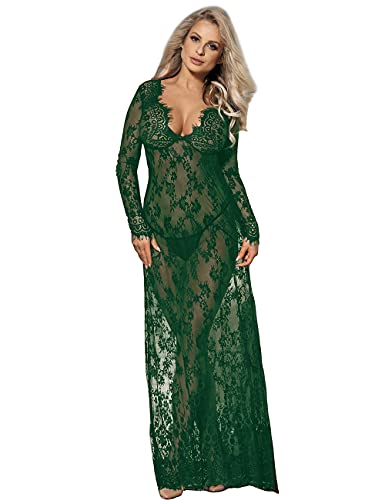 comeondear Damen Kleider Sexy Spitze Lang Langarm V-Ausschnitt Negligee Schwangerschafts Umstandskleid Cocktailkleid Abendkleid,S M/36 EU 38EU,Grün von comeondear