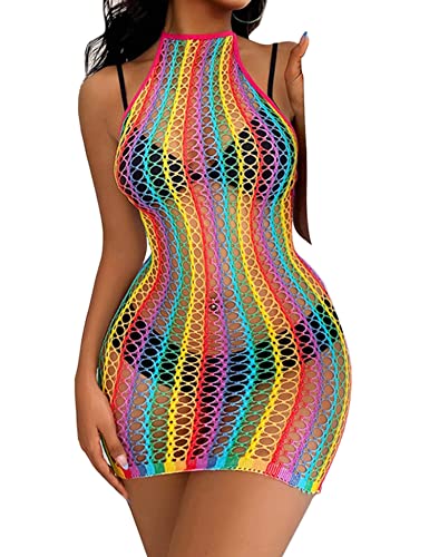 comeondear Damen Regenbogen Babydoll Neckholder Minikleid Fischnetz Sexy Reizwäsche Dessous Hollow Out Lingerie Große Größen Negligee RegenbogenA L-XXL von comeondear