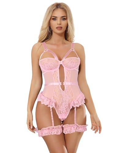 comeondear Damen Sexy Body Spitze Dessous Set Bodysuit mit Strapsen Hollow Out Teddy V-Ausschnitt Mesh Oberteil Top Große Größen Reizwäsche Rosa C M-L von comeondear