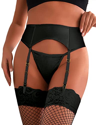 comeondear Damen Sexy Strapsgürtel Leder Strumpfhalter Wetlook Clips Strumpfgürtel Kunstleder Strumpfband mit G-String Clubwear Dessous Set Große Größen Reizwäsche(Schwarz M-L/40-42) von comeondear