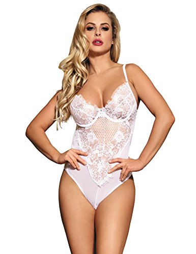 comeondear Damen Spitze Bodysuit Schwarz Weiß Sexy lace BH-Hemd V Ausschnitt Bodys Erotik Dessous Nachtwäsche Lingerie Sleepwear Reizwäsche Babydoll(EU 44-46,Weiß) von comeondear