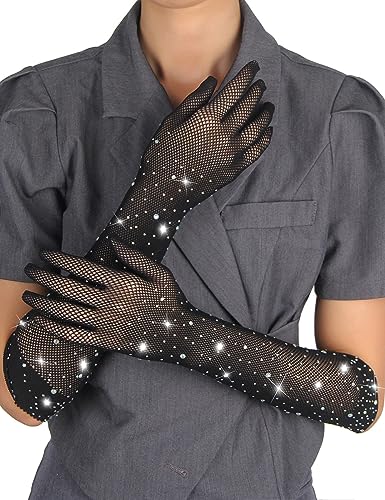 comeondear Lange Handschuhe mit Strasssteinen Transparent Fischnetz Tüll Netzhandschuhe Sexy Strass Fishnet Gloves Kostüm Zubehör Handstulpen Brauthandschuhe Mesh Spitzehandshuhe Party Clubwear von comeondear