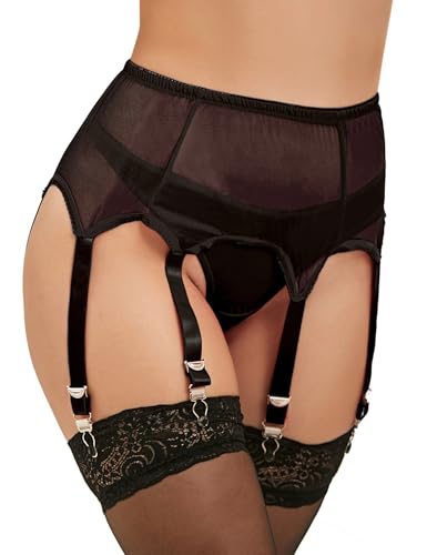 comeondear Strapsgürtel Damen Strumpfgürtel Breit Strapsen Set mit 6 halter Strumpfhalter Spitzen Hosenträgern Dessou Set mit 6 verstellbaren Metallclips String(Schwarz A,3XL-4XL) von comeondear