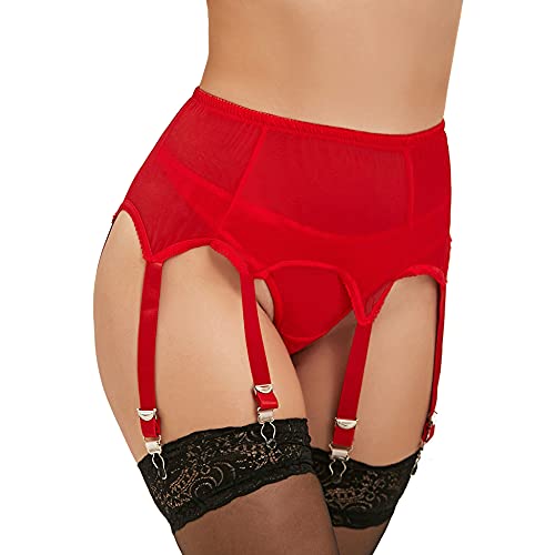 comeondear Strapsgürtel Damen Strumpfgürtel Breit Strapsen Set mit 6 halter Strumpfhalter Spitzen Hosenträgern Dessou Set mit 6 verstellbaren Metallclips String(Rot A,M-L) von comeondear