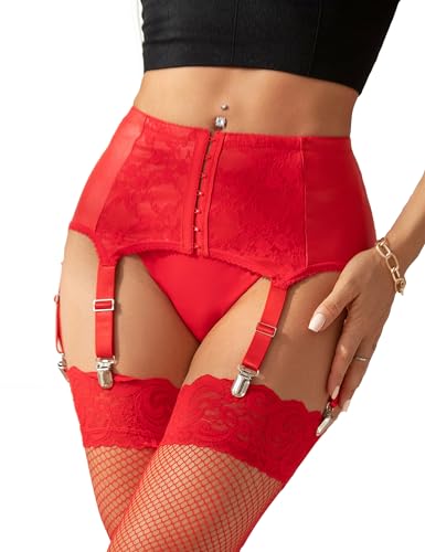 comeondear Damen Strapsgürtel Leder Strapsen Spitze Strumpfhalter mit 6 Halter Wetlook Strumpfband Clips aus Metall Hosenträger Dessous Set Große Größen(A-Rot M/38) von comeondear