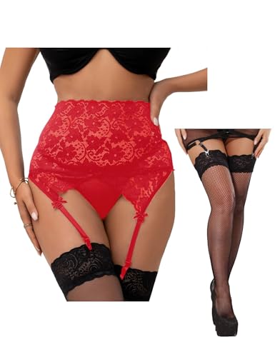 comeondear Strapsgürtel mit Strümpfe Set Sexy Strumpfhalter für Damen Spitze Strapsen Dessous Reizwäsche Curvy Hohe Taille Strumpfband mit 4 Halter Große Größen Hüfthalter Hosenträger(Rot,M-L) von comeondear