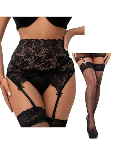 comeondear Damen Strumpfgürtel Hohe Taille Strumpfhalter Spitze Strapsgürtel Sexy 4 Breit Strumpfband mit Strumpf Große Größen Dessous Set Reizwäsche mit G-String(Schwarz mit Strümpfe XS-S/36-38) von comeondear