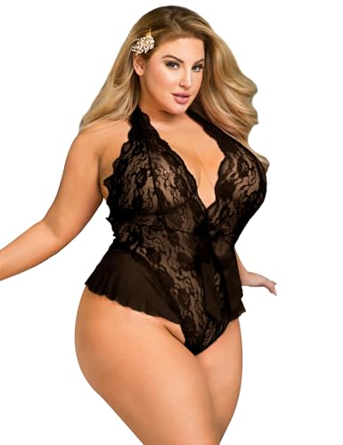 comeondear Spitzenbody Schwarz Damen Ärmellos Body Elegant Dessous Sexy Unterwäsche Curvy Große Größen Women Bodysuit Babydoll Negligee Reizwäsche für Sex Mollige Frauen Lingerie Jumpsuit(Schwarz,M-L) von comeondear