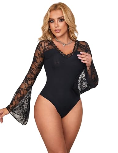 comeondear Spitzenbody Damen Schwarz Sexy Body Langarm Große Größen Blusenbody V-Ausschnitt mit Druckknöpfe Oberteile Bodysuit Elegant Blumen Lace Tops Jumpsuit(Schwarz,M) von comeondear