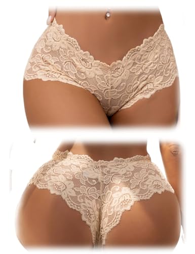 comeondear String Tanga Damen mit Spitze Große Größen Brasilien Slip Erotische Höschen Transparent Sexy Dessous Unterwäsche Curvy Reizwäsche für Mollige Frauen Lingerie Women(2er Pack Cremefarben,XXL) von comeondear