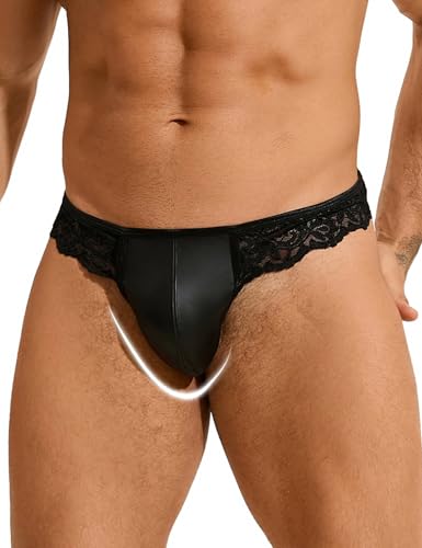 comeondear String Tanga Männer PU Leder Sissy Dessous Wetlook Unterhosen Erotische Unterwäsche Herren mit Beutel Große Größen Thong T Back Jockstrap Gay Mens Underwear Briefs G String Schwarz,XXL von comeondear