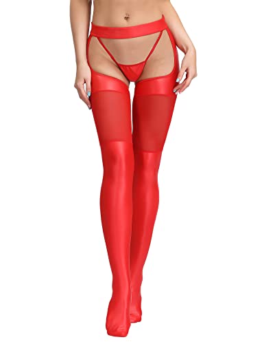 comeondear Lederhose Mesh Lederleggings Strumpfhose für Damen Wetlook Strapsstrümpfe Blickdichte Bleistifthose Clubwear 1 Stück Strumpfhalter mit G-String Kunstleder Strapsengürtel Dessous Set Rot von comeondear