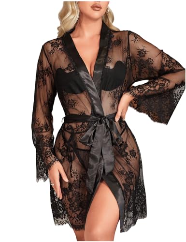 comeondear Morgenmantel Kimono Spitze Dessous Set langarm Nachthemd mit Gürtel Robe Nachtmantel Babydoll Mesh Bademantel mit String Tanga Große Größen Reizwäsche (Schwarz, XL-XXL) von comeondear