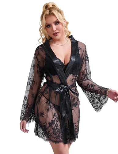 comeondear Damen Kimono Spitze Babydoll Negligee Dessous Set Reizwäsche für Frauen Große Größen Bademantel Lingerie mit String(Schwarz,XL-XXL) von comeondear