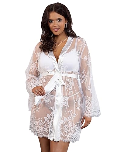 comeondear Morgenmantel Kimono Spitze Dessous Set langarm Nachthemd mit Gürtel Robe Nachtmantel Babydoll Mesh Bademantel mit String Tanga Große Größen Reizwäsche (Weiß 3XL-4XL/48-50) von comeondear