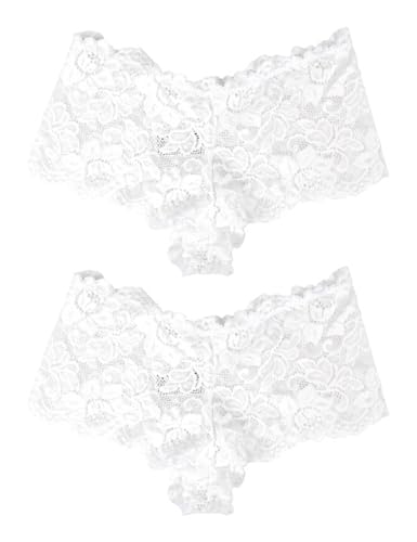 comeondear Slip Damen Weiße Spitze Hipster Panties Große Größen Erotische Höschen Sexy Unterwäsche für die Frau Bikini G-String Unterhosen Übergröße Underwear Lingerie for Women(2er Pack Weiß,XXL) von comeondear