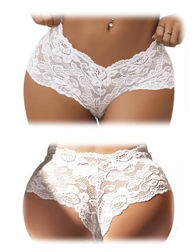 comeondear Slip Damen Weiße Spitze Hipster Panties Große Größen Erotische Höschen Sexy Unterwäsche für die Frau Bikini G-String Unterhosen Übergröße Underwear Lingerie for Women(2er Pack Weiß,XXL) von comeondear