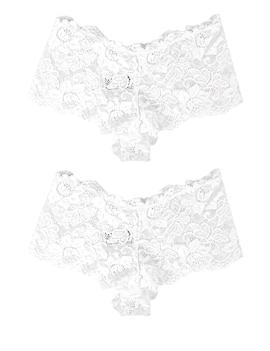 comeondear Panty Sexy String Tanga Spitze Hipster Floralen Slips 2er Pack Höschen Unterwäsche Große Größen Unterhosen (Weiß 5XL/52) von comeondear