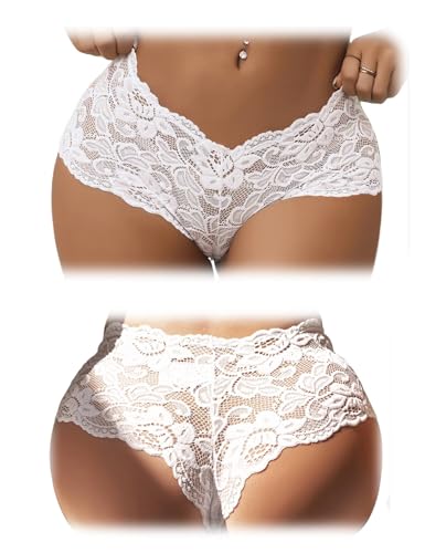 comeondear Panty Sexy String Tanga Spitze Hipster Floralen Slips 2er Pack Höschen Unterwäsche Große Größen Unterhosen (2er Pack Weiß,XL) von comeondear