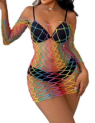 comeondear Regenbogen Bodystocking Damen Spitze Bikini Cover Up Fischnetz Kleid Rainbow Swimsuit Mesh Große Größen Netzkleider Langarm Negeligee Minikleid für Strand(Regenbogen,L-XXL) von comeondear