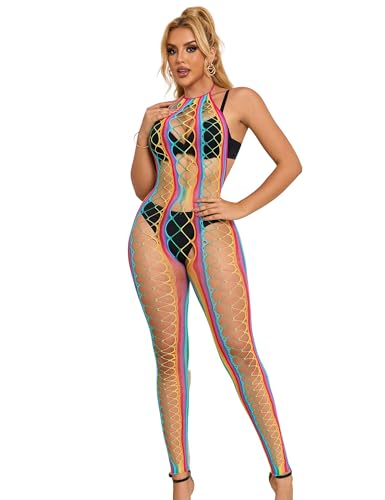 Sexy Beachwear Damen Curvy Bodystocking Ouvert für Damen xxl Regenbogen Netz Strümpfe Große Größen Fischnetz Netzstrümpfe Catsuit Oversize Unterwäsche Dessous Strumpfhosen Reizwäsche Rave Outfit L-XXL von comeondear