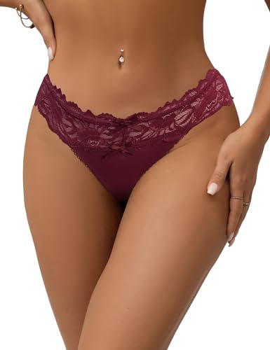 comeondear Rot String Tanga Damen Spitze Hipster Slips Mittel Taille Atmungsaktive Panty Thong Antibakteriell Strings Tangas Unterhose Höschen Reizwäsche Unterwäsche(Rot,XL-XXL) von comeondear