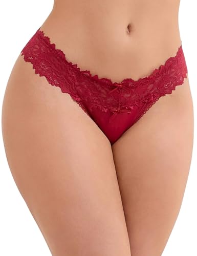 comeondear Rot String Tanga Damen Spitze Hipster Slips Mittel Taille Atmungsaktive Panty Thong Antibakteriell Strings Tangas Unterhose Höschen Reizwäsche Unterwäsche(Rot,XS-S) von comeondear