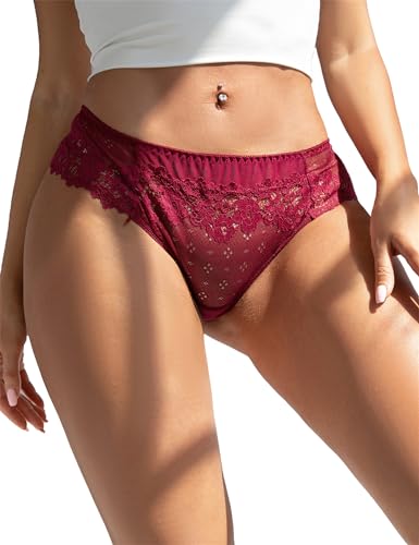 comeondear Brazilian Slip Damen High Wasit Spitze Nachtlos Sexy Unterwäsche für Frau Große Größen Schöne Unterhosen Bikini String Tanga Dessous Höschen Pantys Thongs Rot,XS-S von comeondear