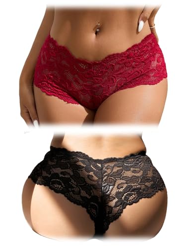 comeondear Brazilian Slip Damen Spitze Seamless Unterhosen Sring Tanga für Mollige Frauen Hotpants Unterwäsche Set Große Größen Höschen Lace Thong Women Underwear(Schwarz+Rot,L) von comeondear