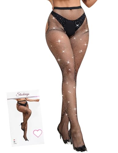 comeondear Glitzer Netzstrumpfhose Schwarz XXL Sexy Strumpfhose Ouvert für Damen mit Strass Große Größe Fishnet Tights Crotchless Pantyhose Ouvert Dessous Reizwäsche(Schwarz,L-XXL) von comeondear