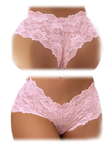 comeondear Slips 2er Pack Hipster Panties Floralen Spitze Unterwäsche Höschen Brasilien Tanga String Große Größen Unterhosen (2er Pack Rosa,XXL) von comeondear
