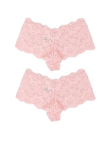 comeondear Slips 2er Pack Hipster Panties Floralen Spitze Unterwäsche Höschen Brasilien Tanga String Große Größen Unterhosen (Rosa S-M/36-40) von comeondear