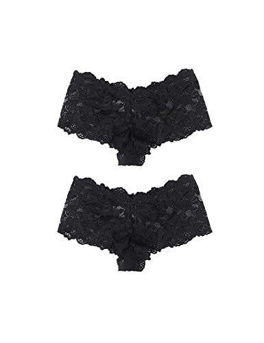 comeondear Slips 2er Pack Hipster Panties Floralen Spitze Unterwäsche Höschen Brasilien Tanga String Große Größen Unterhosen （Schwarz 4XL/50 von comeondear