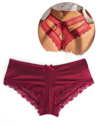 comeondear Slips Damen Hipster Höschen Unterhosen Spitze Panties Hlollow Out Bikini Niedrige Taille String Thong Große Größen Tanga Rot XL-XXL von comeondear