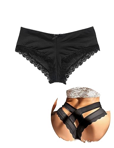 comeondear Slips Damen Hipster Höschen Unterhosen Spitze Panties Hlollow Out Bikini Niedrige Taille String Thong Große Größen Tanga Schwarz M-L von comeondear