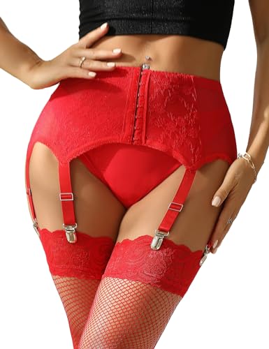 comeondear Spitze Strapsgürtel Damen Strumpfhalter mit 6 Halter Strapsen Clips aus Metall Hosenträger Strumpfband Dessous Set Große Größen(KEINE Slips Strümpfe C-Rot M-L/40-42) von comeondear