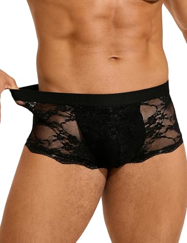 comeondear Spitzen Boxershorts Herren Transparent Sissy Dessous Sexy Unterwäsche für Männer Große Größen Unterhosen Slip Höschen mit Bulge String Tanga Thongs Gay Underwear Boxer Briefs(Schwarz,S) von comeondear