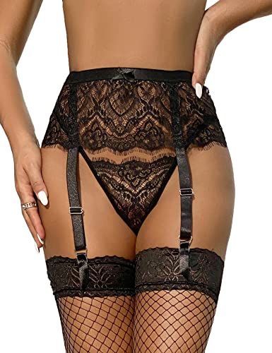 comeondear Strapsgürtel Damen Spitze Strumpfgürtel Strumpfband mit G-String Tanga Breit Strapsen Dessous Set mit 4 halter Schleife Hosenträger mit Clips Große Größen Strapshalter (Schwarz XL/44) von comeondear